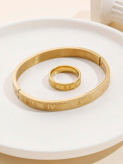 10045 1b-076 Set dos piezas Juego De Joyas De Acero Inoxidable Anillo Y Pulsera Con Números Romanos