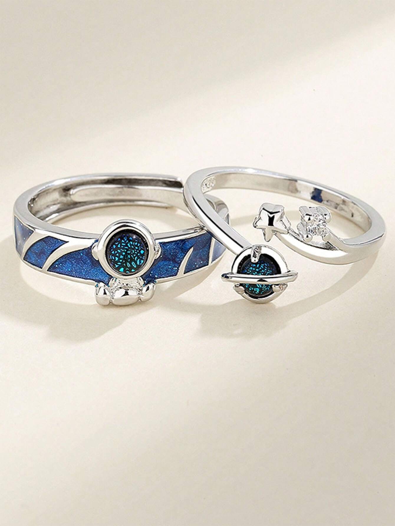 10769 1b-006 Dos Piezas Anillo Hombre Astronauta Happy Planet De Aleacion De Cobre