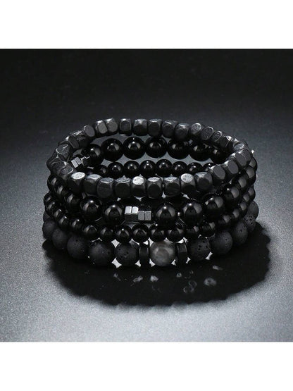 9613 1b-043 Cuatro Unids/set Pulsera De Múltiples Capas Con Cuentas De Madera De Cálculo Biliar Negro De Piedra Volcánica