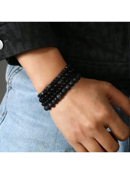 9613 1b-043 Cuatro Unids/set Pulsera De Múltiples Capas Con Cuentas De Madera De Cálculo Biliar Negro De Piedra Volcánica