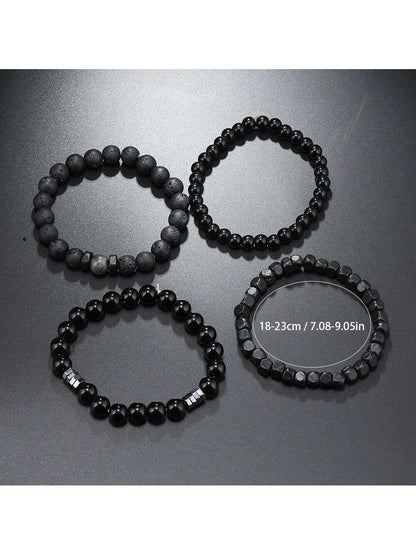 9613 1b-043 Cuatro Unids/set Pulsera De Múltiples Capas Con Cuentas De Madera De Cálculo Biliar Negro De Piedra Volcánica