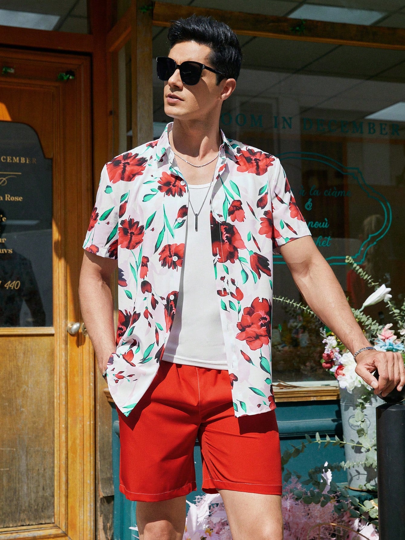 12087 2c-282 Conjunto De Camisa Con Estampado Floral Y Pantalones Cortos De Color Liso Para Hombre