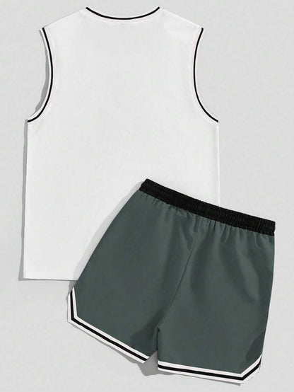 12094  A03-04  Conjunto De 2 Piezas Para Hombre: Camiseta De Tirantes A Rayas Y Shorts