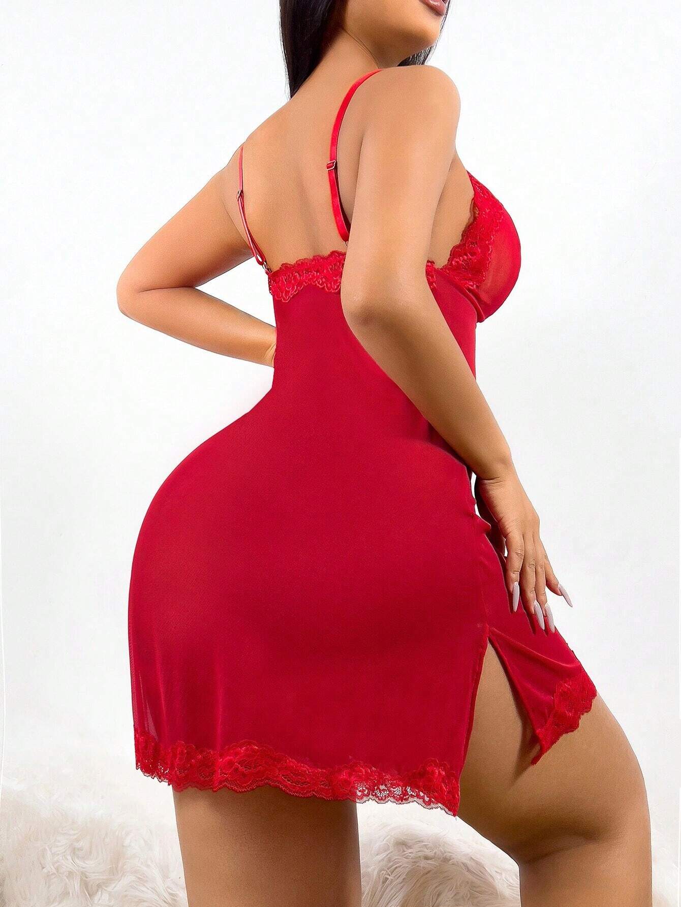 9138 a01-11 Vestido De Lencería Sexy De Encaje Rojo Para Mujer Con Tirantes Finos Y Tanga (edición Del Día De San Valentín)