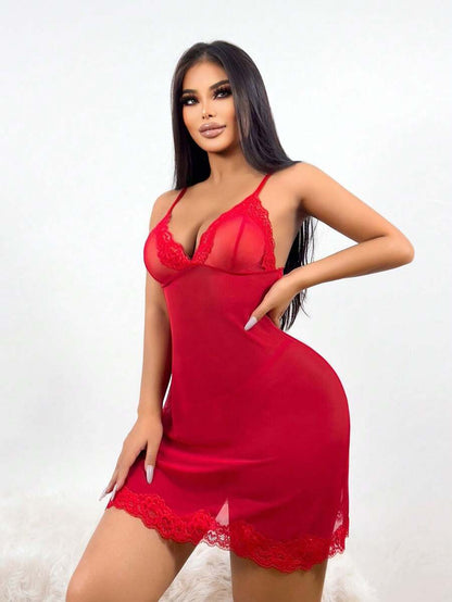 9138 a01-11 Vestido De Lencería Sexy De Encaje Rojo Para Mujer Con Tirantes Finos Y Tanga (edición Del Día De San Valentín)