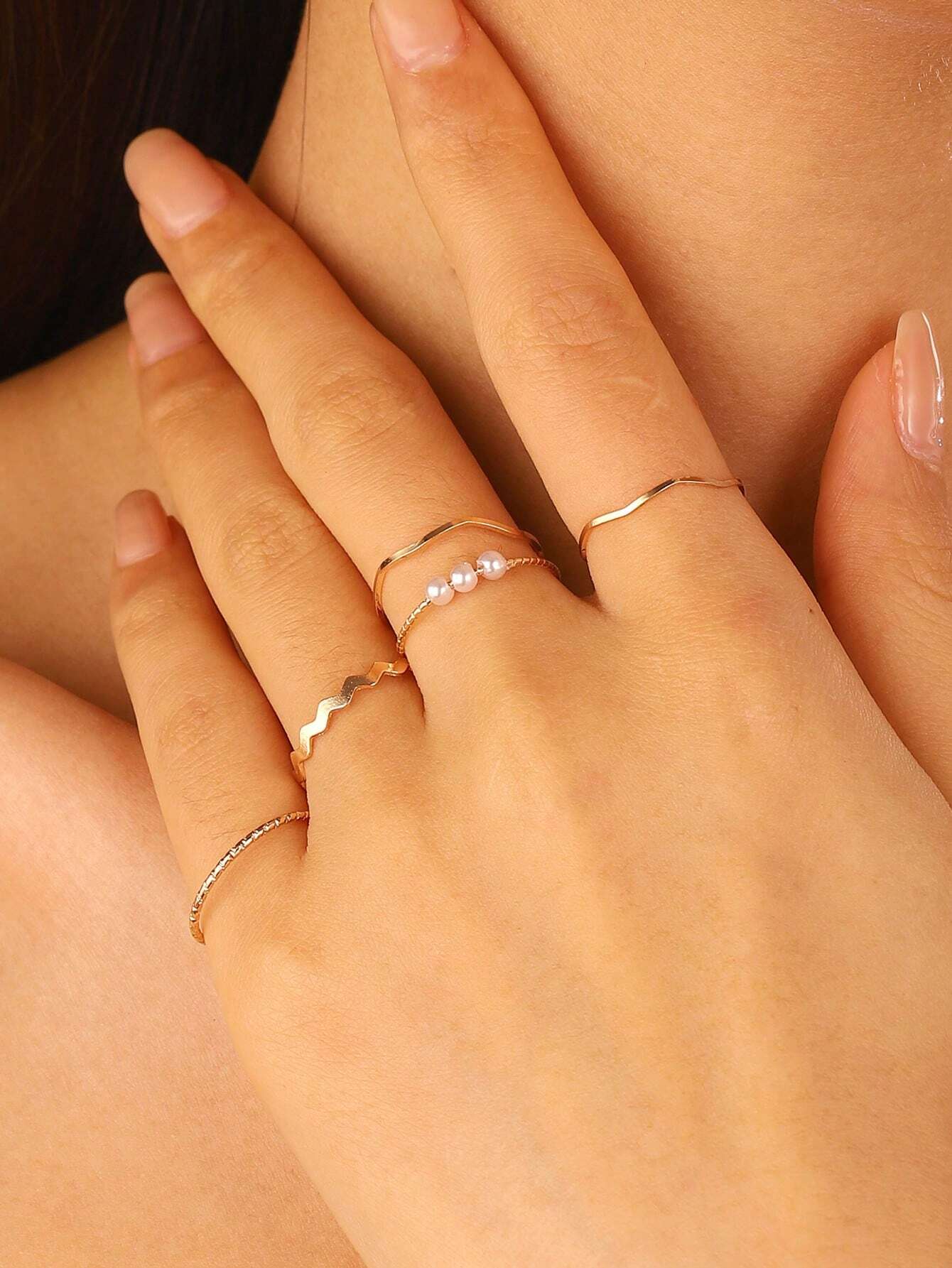 7189 b03-12 Cinco Unids/set Anillo De Decoración De Perlas De Imitación De Aleación De Zinc A La Moda Para Mujer Para Decoración Diaria