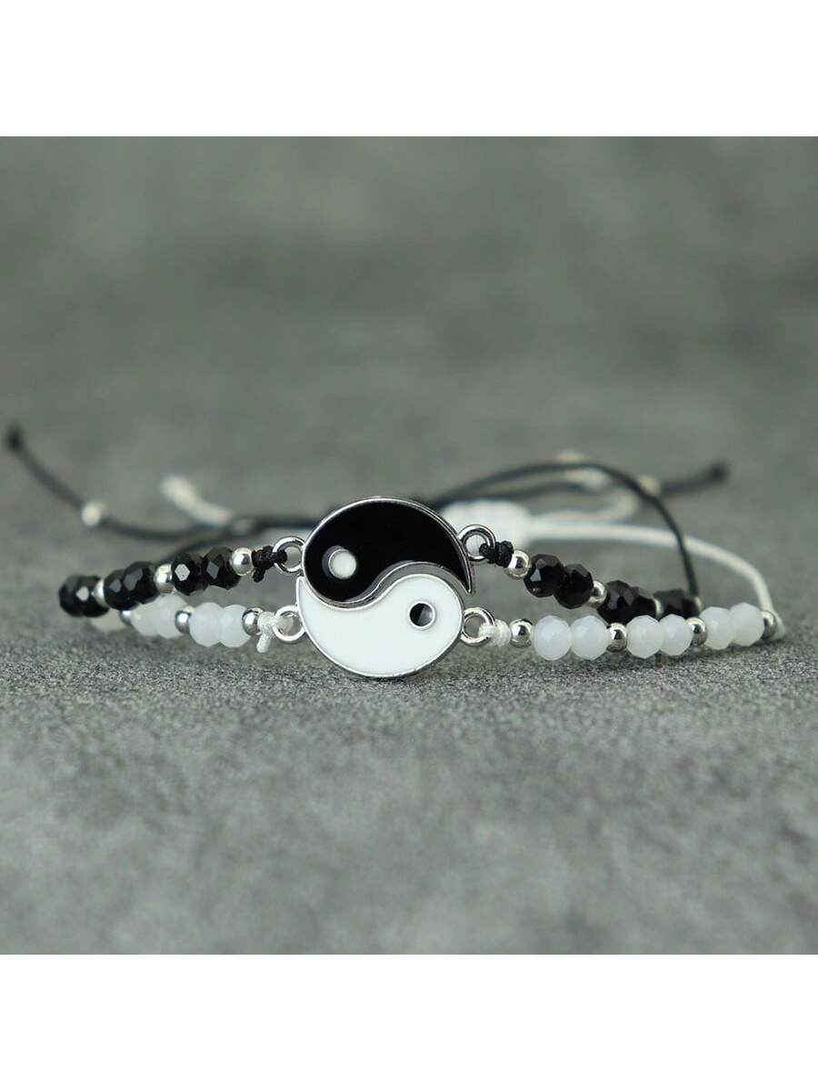 9616 b01-31 Dos Piezas Pulseras De Taiji En Blanco Y Negro Con Encantos De Brazalete De Cuerda Yinyang