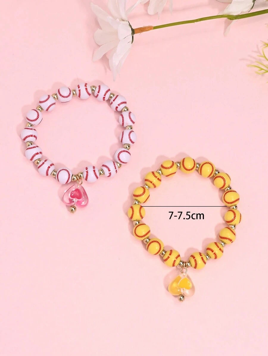 10932 1b-047 Pulseras Elásticas Con Colgante De Corazón Y Béisbol