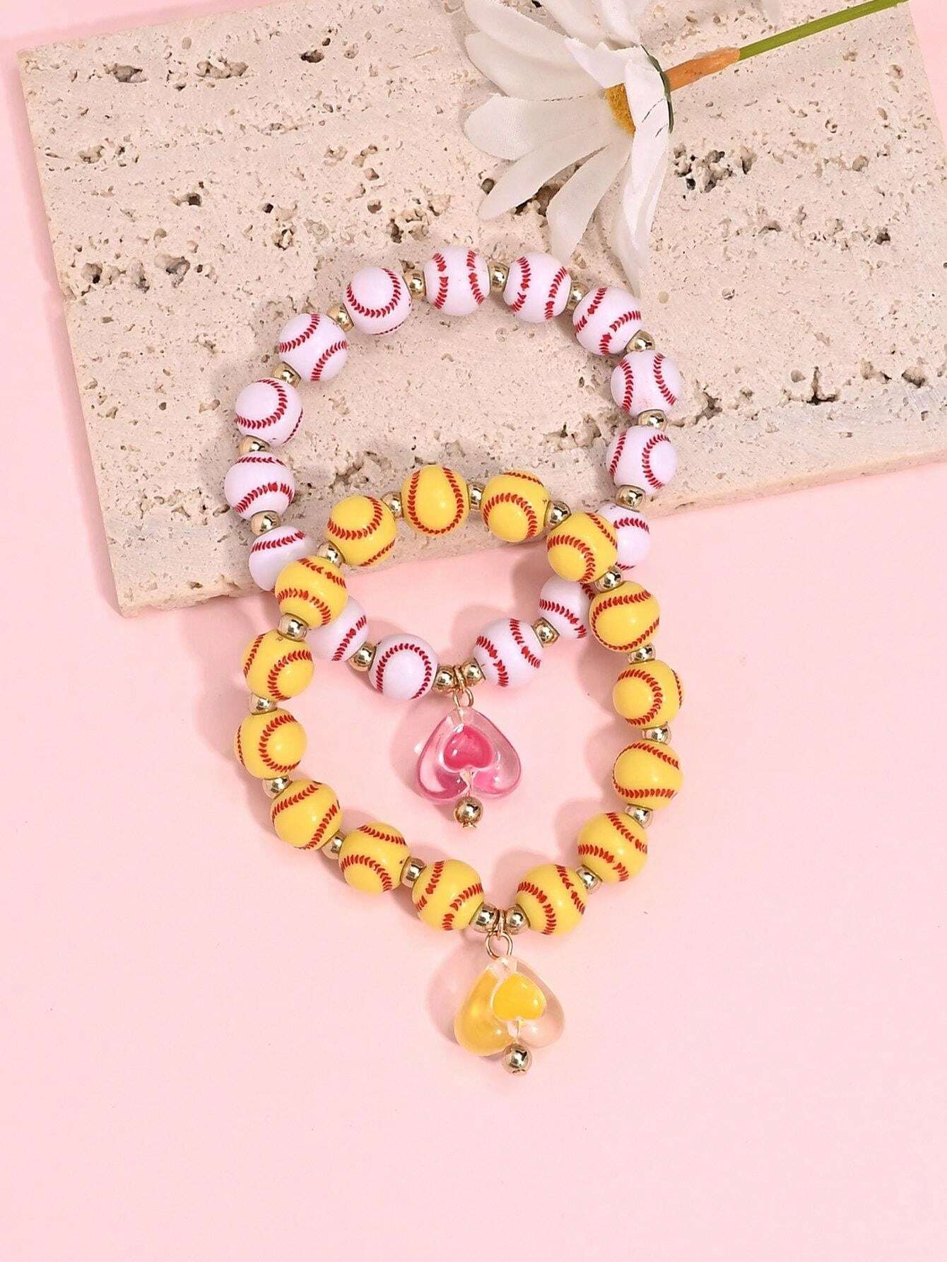 10932 1b-047 Pulseras Elásticas Con Colgante De Corazón Y Béisbol