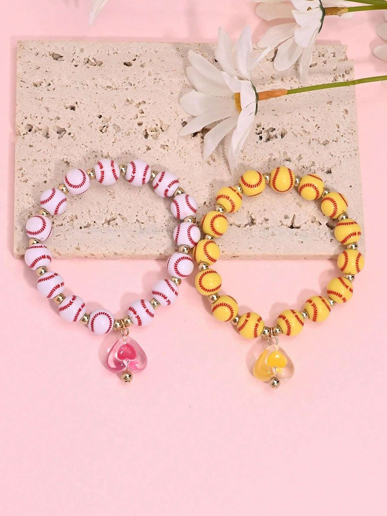 10932 1b-047 Pulseras Elásticas Con Colgante De Corazón Y Béisbol