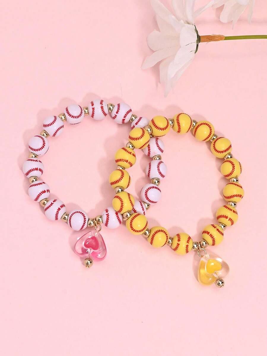 10932 1b-047 Pulseras Elásticas Con Colgante De Corazón Y Béisbol