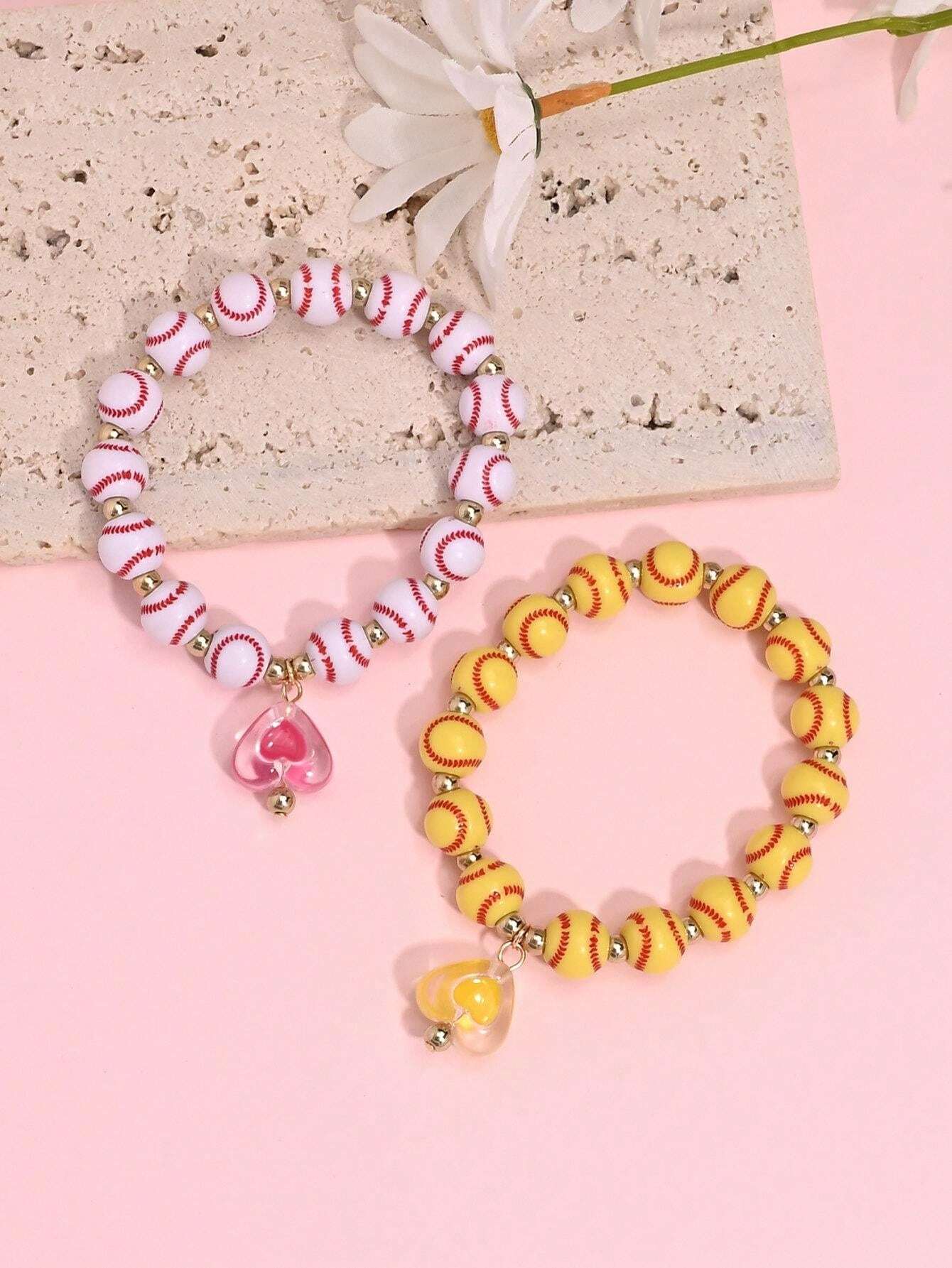 10932 1b-047 Pulseras Elásticas Con Colgante De Corazón Y Béisbol