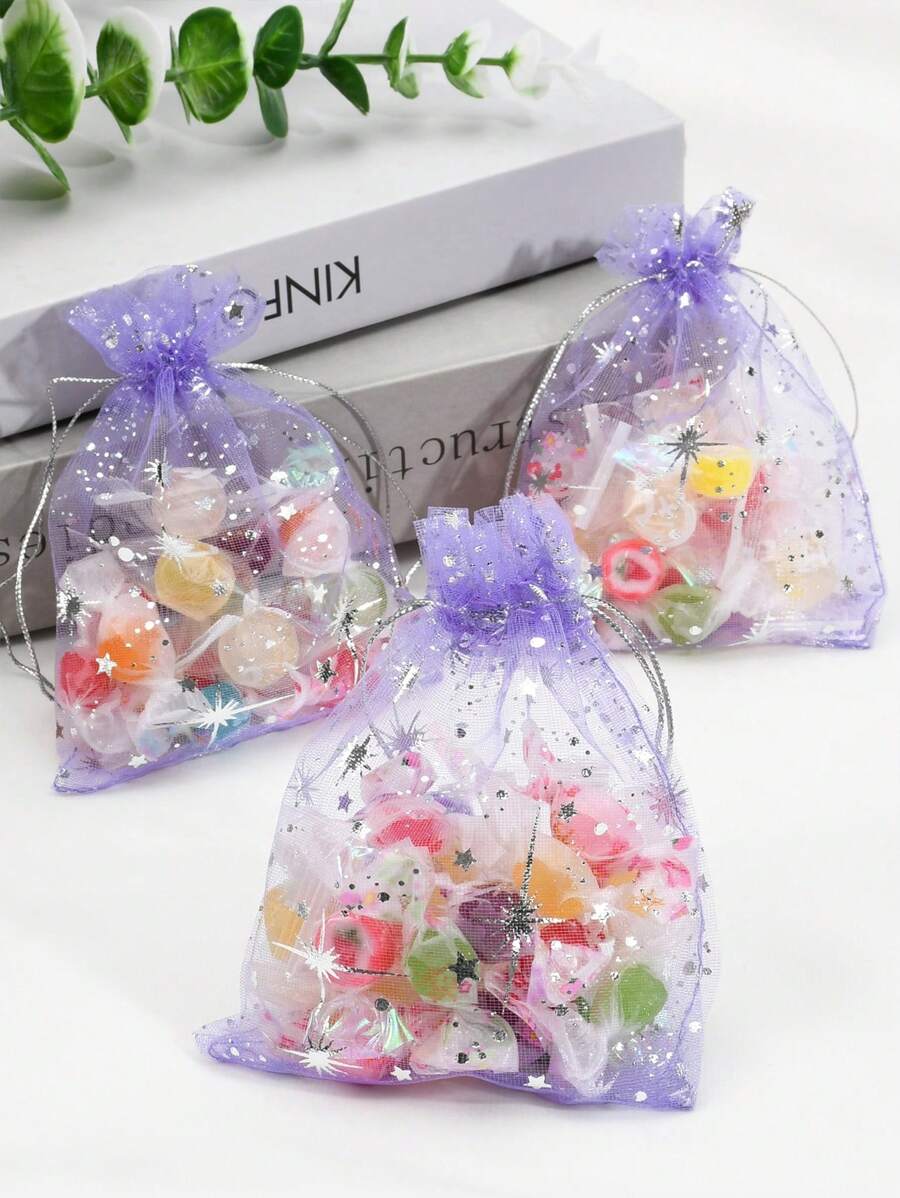 12446 t01 Bolsas De Recuerdo Con Cordón De Malla Con Patrón De Estrella Rosa Claro