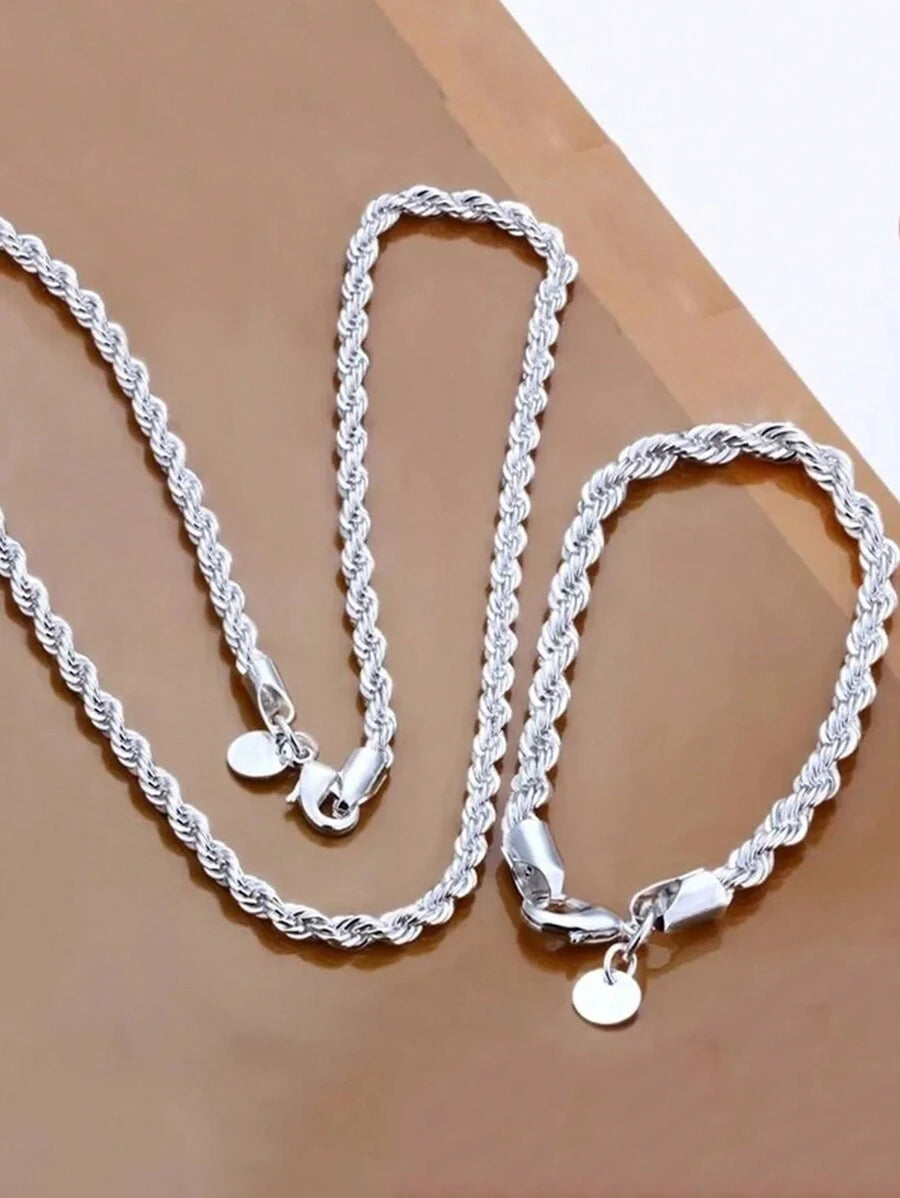 11115 1b-074 Juego De Collar Y Brazalete Con Cadena De Cuerda Retorcida De 4 Mm