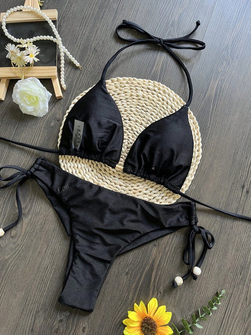19796 1t-002 Bikini de un solo color con top halter y amarres 2Pzs