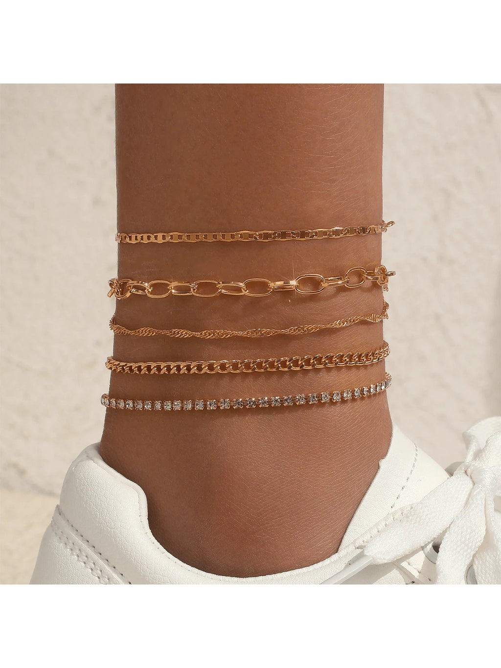 9068 1b-054 Set De Tobilleras 5 Piezas Con Cadena Y Decoración De Piedras