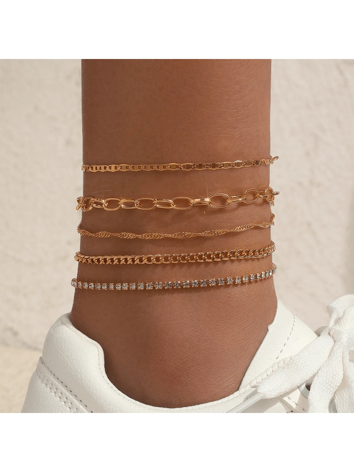 9068 1b-054 Set De Tobilleras 5 Piezas Con Cadena Y Decoración De Piedras