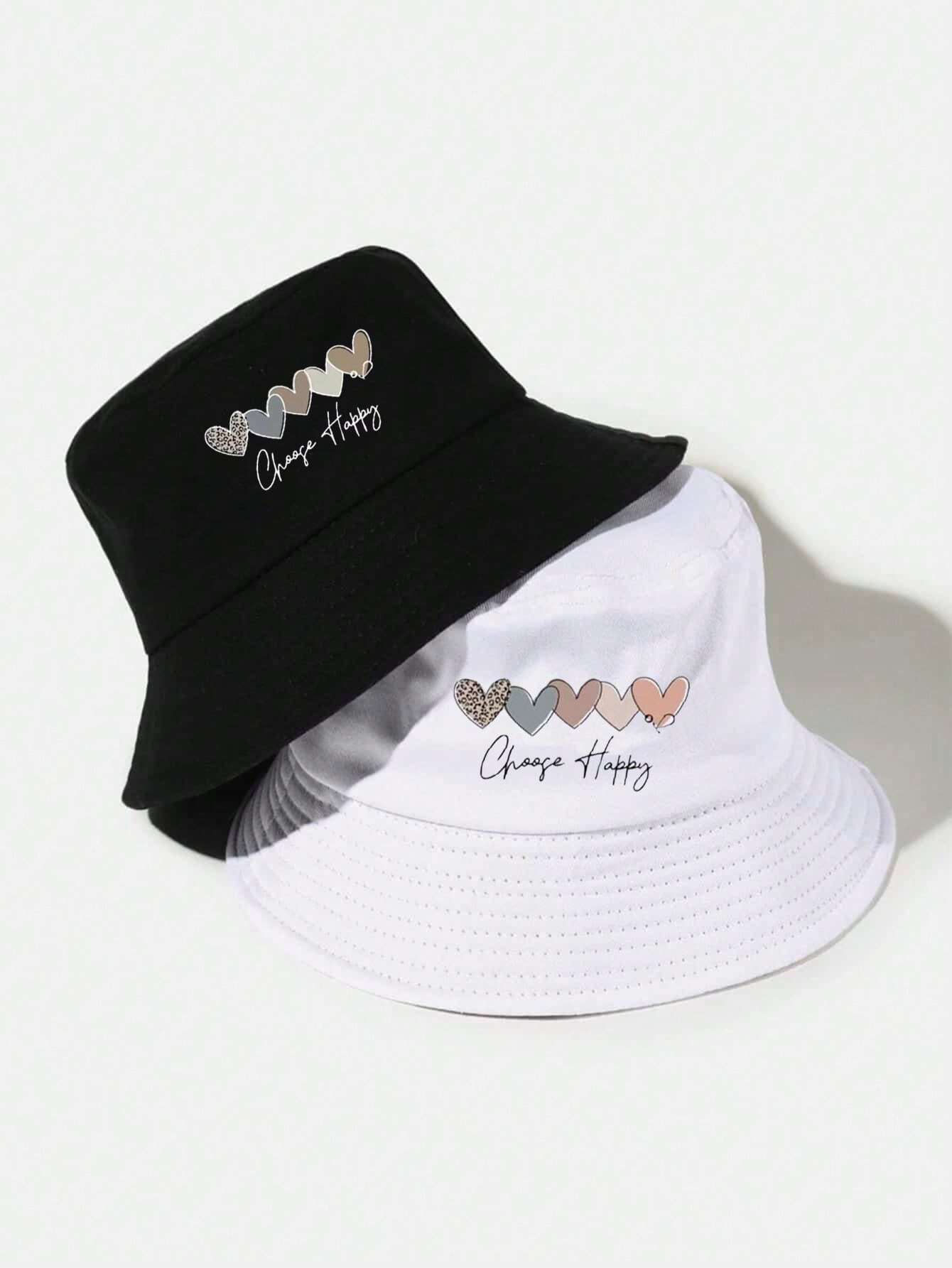 8821 1t-002 Sombrero 2 piezas De Pescador Con Correa Ajustable Y Patrón De Corazones Negro Y Blanco