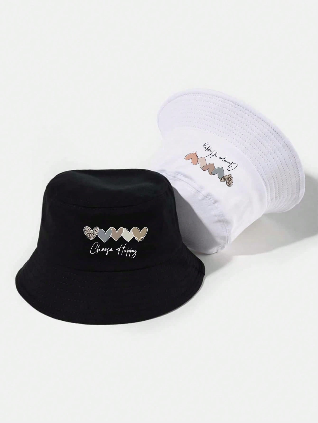 8821 1t-002 Sombrero 2 piezas De Pescador Con Correa Ajustable Y Patrón De Corazones Negro Y Blanco