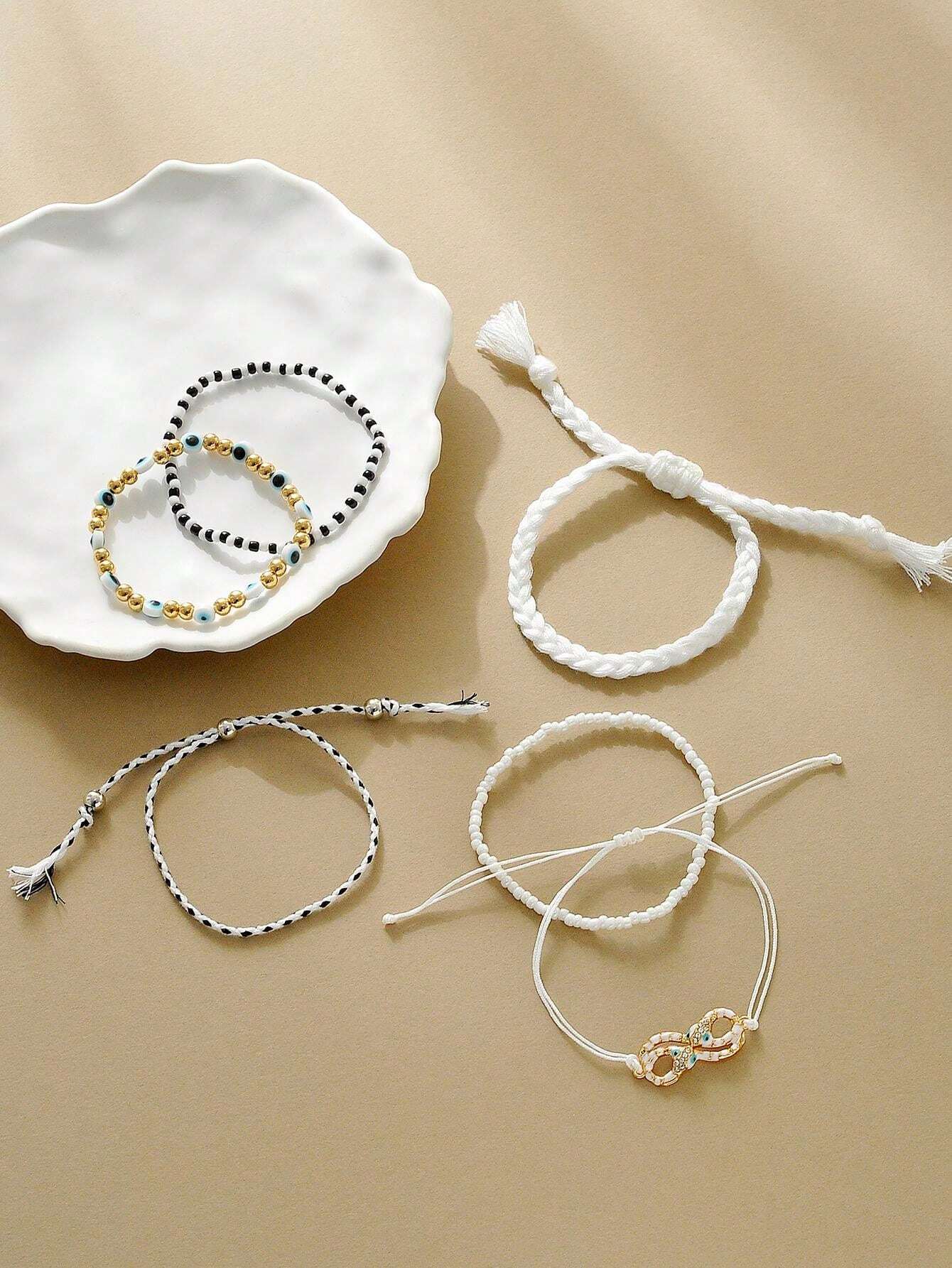 10986 1b-055 6 Piezas De Pulseras Ajustables A La Moda Bohemias Tejidas Y Decoradas Con Ojo Y Cristal