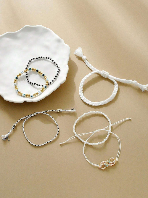 10986 1b-055 6 Piezas De Pulseras Ajustables A La Moda Bohemias Tejidas Y Decoradas Con Ojo Y Cristal