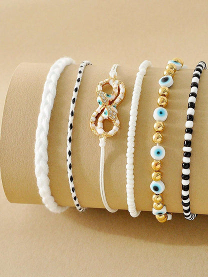 10986  1b-03-22 6 Piezas De Pulseras Ajustables A La Moda Bohemias Tejidas Y Decoradas Con Ojo Y Cristal