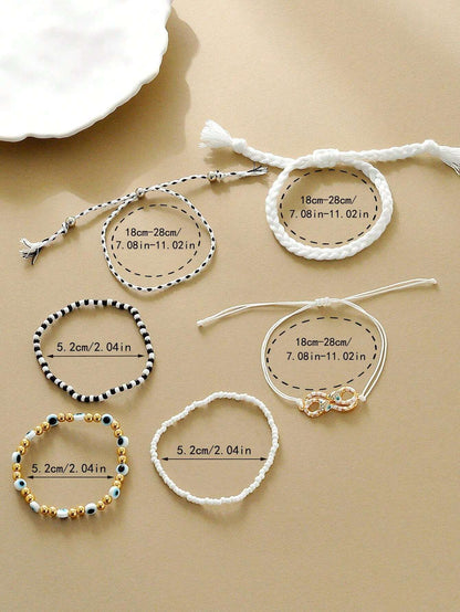 10986  1b-03-22 6 Piezas De Pulseras Ajustables A La Moda Bohemias Tejidas Y Decoradas Con Ojo Y Cristal