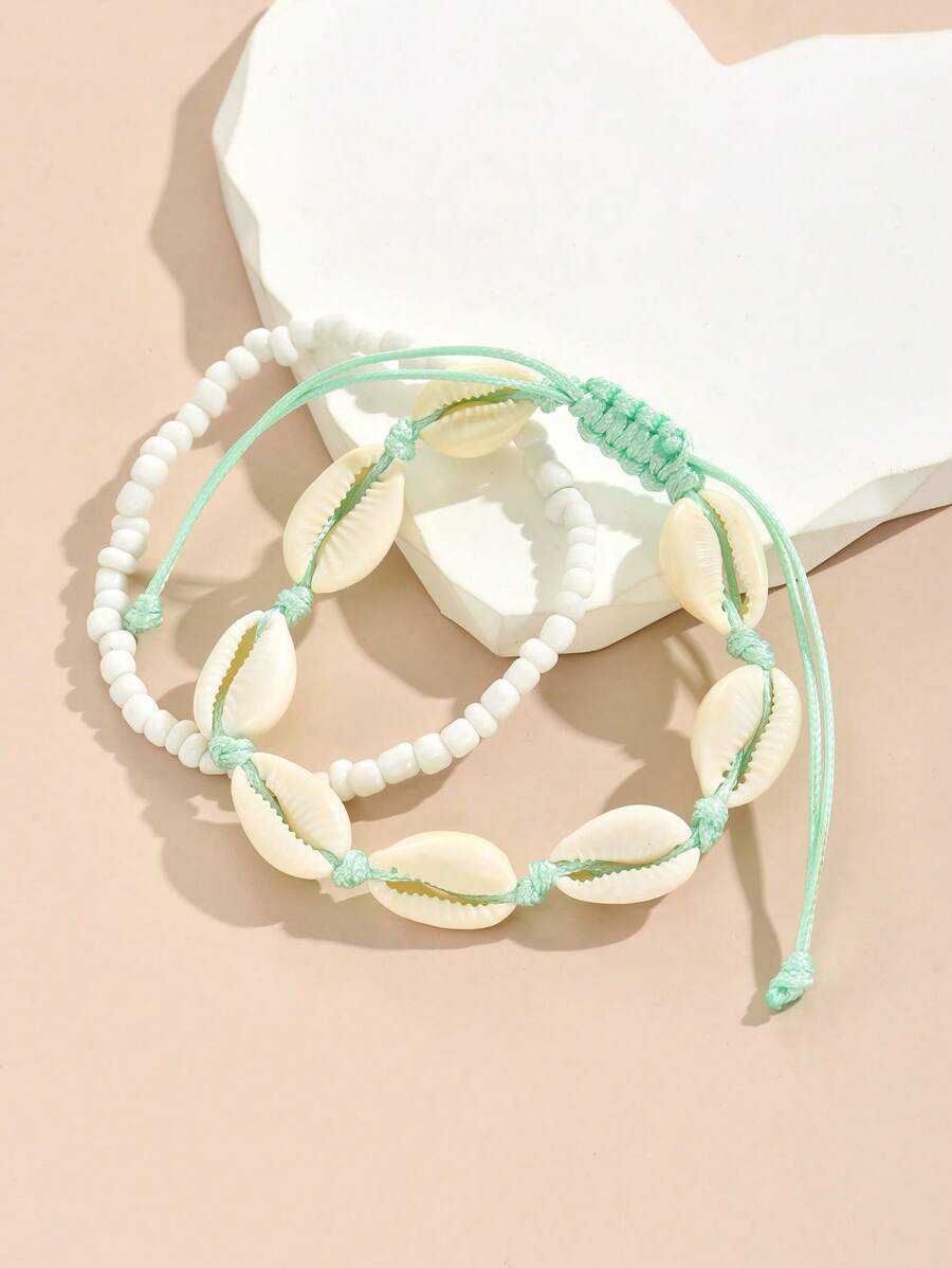 9063 1b-054 Set Tobilleras Trenzadas Con Cuentas Y Conchas