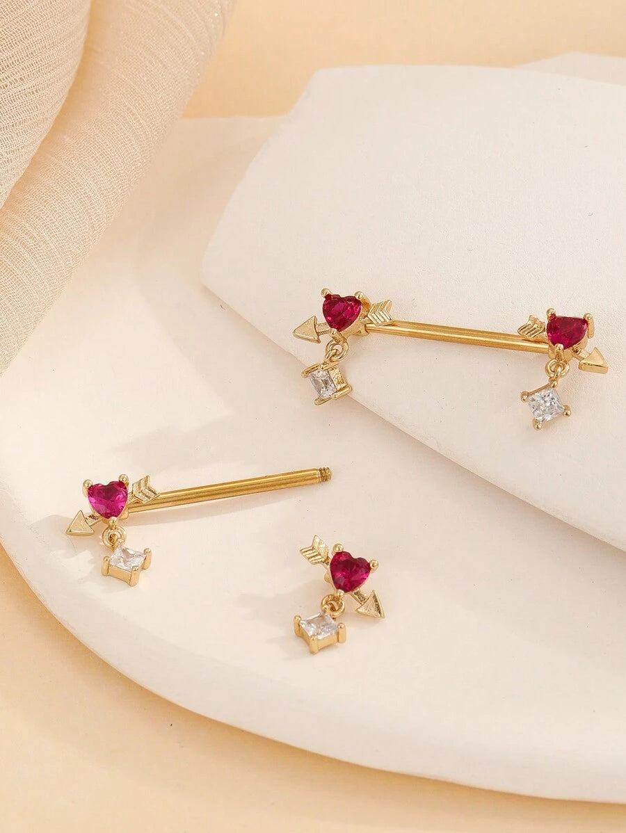 10023 1b-076 Piercing Pezón Artificial Con Forma De Corazón Rojo De Acero Inoxidable