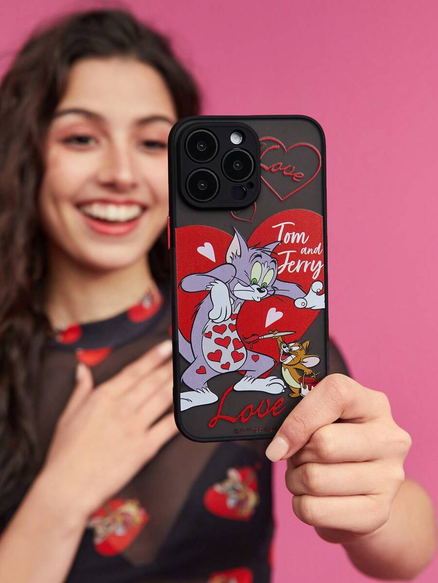 10393 b01-24 Funda para Teléfono Del Día De San Valentín Con Dibujos Animados Impresos En Negro Y Semi-transparente  TOM & JERRY X SHEIN