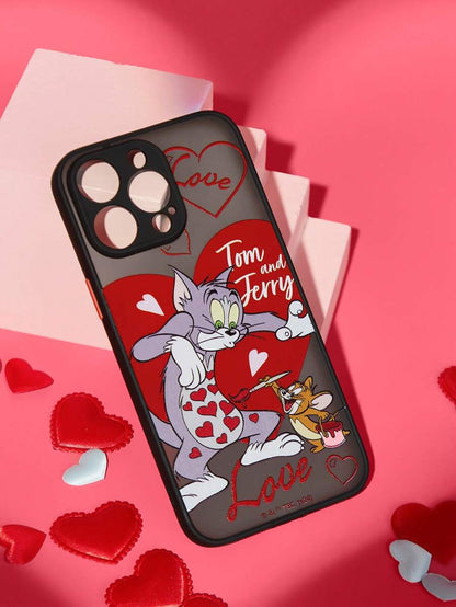 10393 b01-24 Funda para Teléfono Del Día De San Valentín Con Dibujos Animados Impresos En Negro Y Semi-transparente  TOM & JERRY X SHEIN