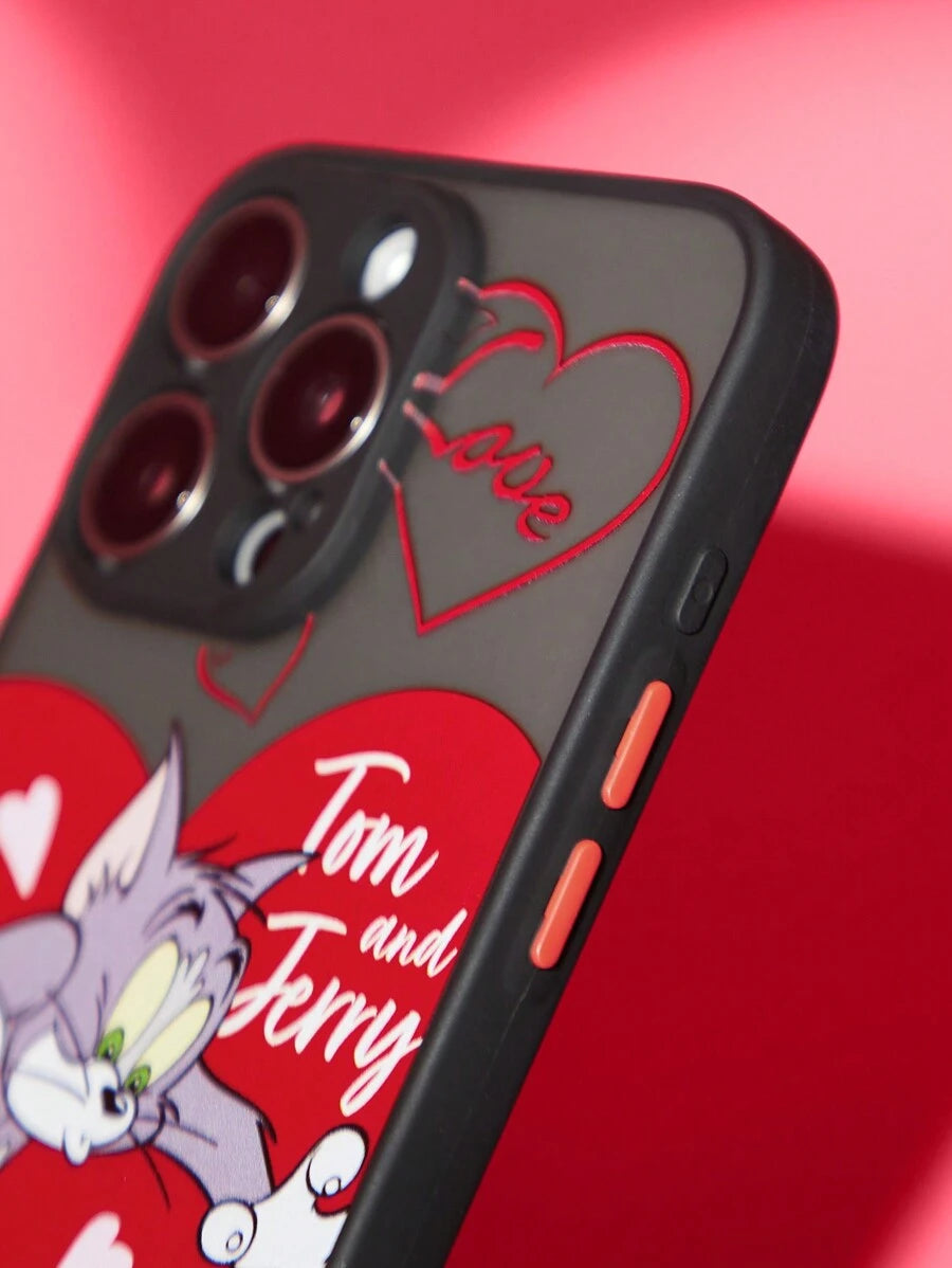 10393 b01-24 Funda para Teléfono Del Día De San Valentín Con Dibujos Animados Impresos En Negro Y Semi-transparente  TOM & JERRY X SHEIN