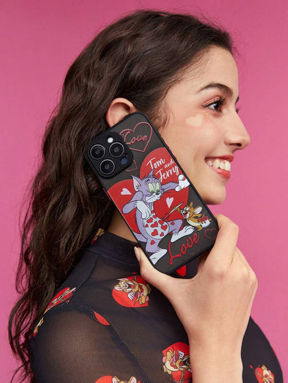 10393 b01-24 Funda para Teléfono Del Día De San Valentín Con Dibujos Animados Impresos En Negro Y Semi-transparente  TOM & JERRY X SHEIN