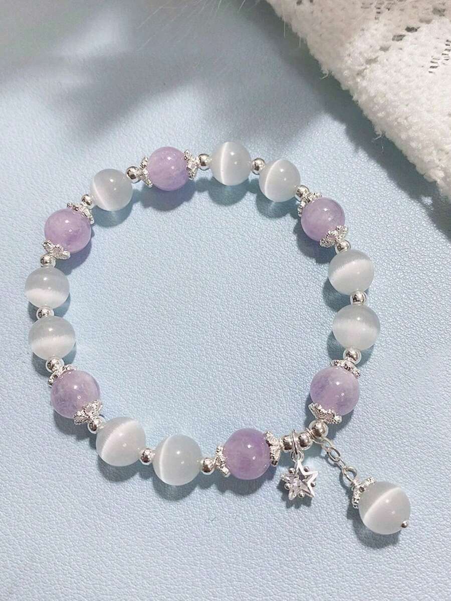 10940 1b-061 Brazalete De Cuentas De Luz De Luna Gris Con Perlita Blanca