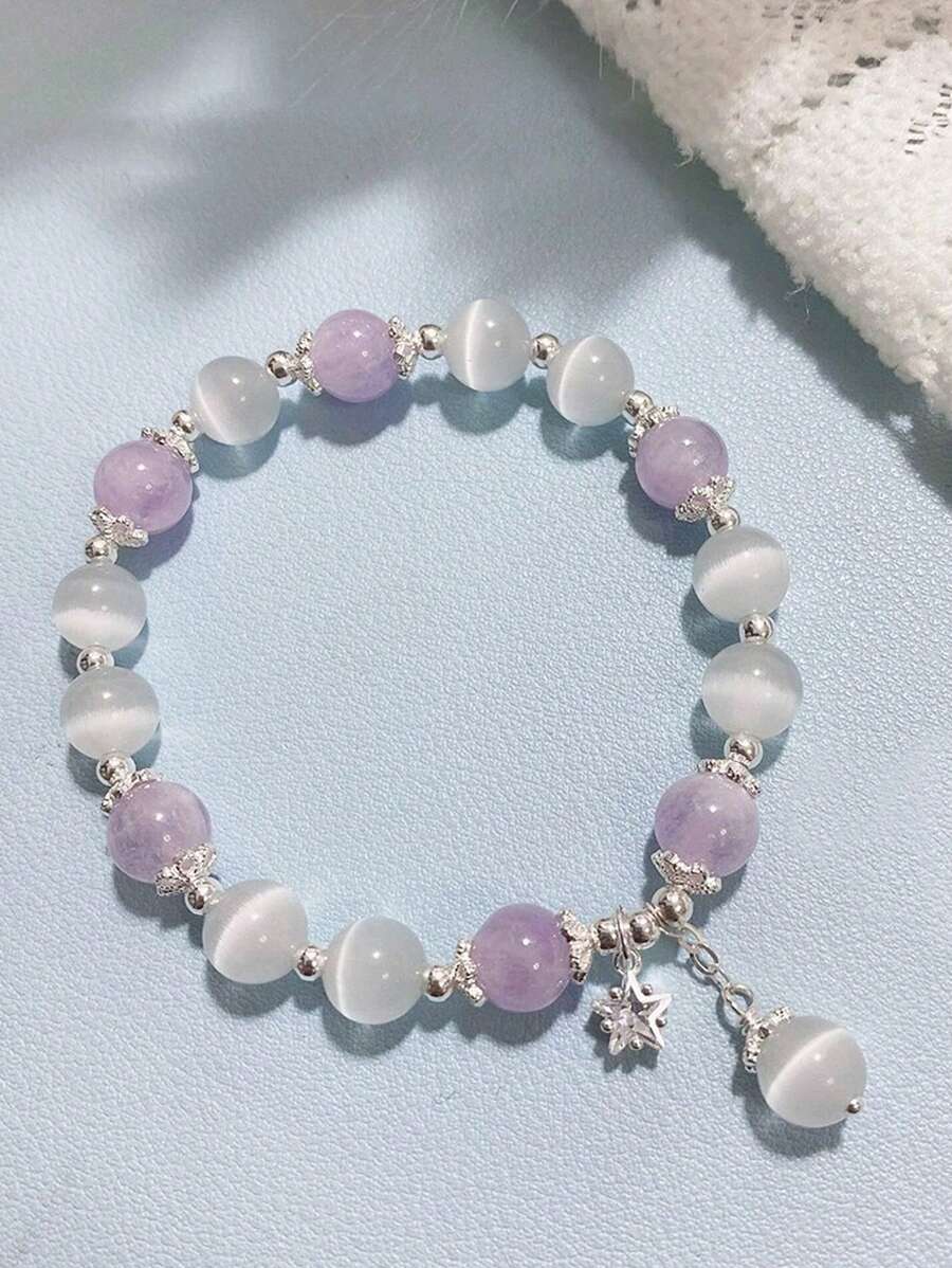 10940 1b-01-21 Brazalete De Cuentas De Luz De Luna Gris Con Perlita Blanca