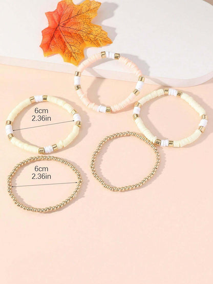 10988 b03-22 4 Piezas /set Brazaletes Simples Y Versátiles Con Diseño De Cuentas Metálicas Y De Cerámica Suave Beige