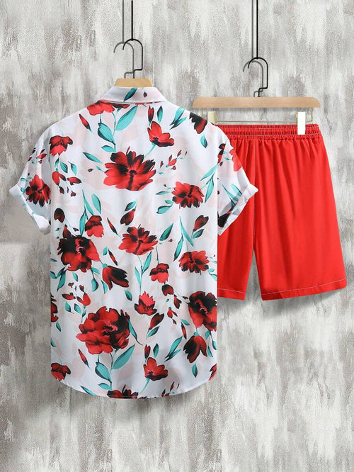 12087 2c-282 Conjunto De Camisa Con Estampado Floral Y Pantalones Cortos De Color Liso Para Hombre