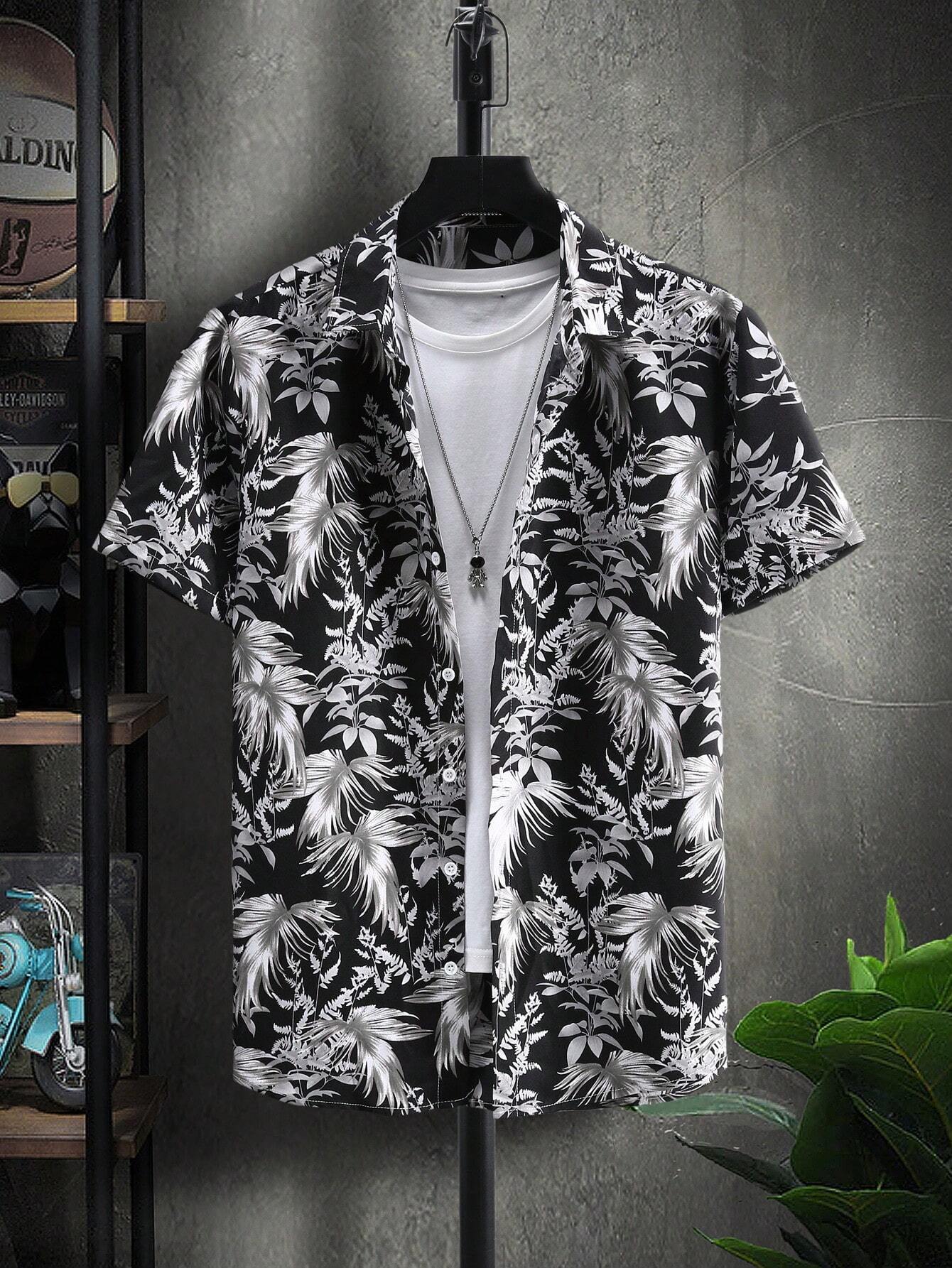 9548 b05-05  Camisa con botón con estampado tropical sin camiseta
