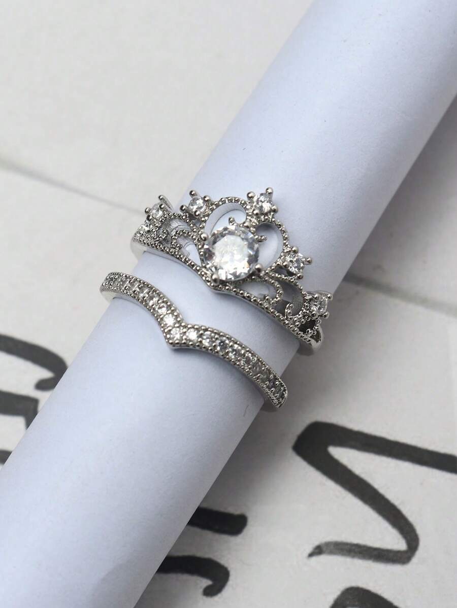 9388 a10-22 Dos Piezas Anillos De Pareja Decorados Con Circonias Cúbicas Elegantes Y De Moda Con Detalle De Corona Abierta
