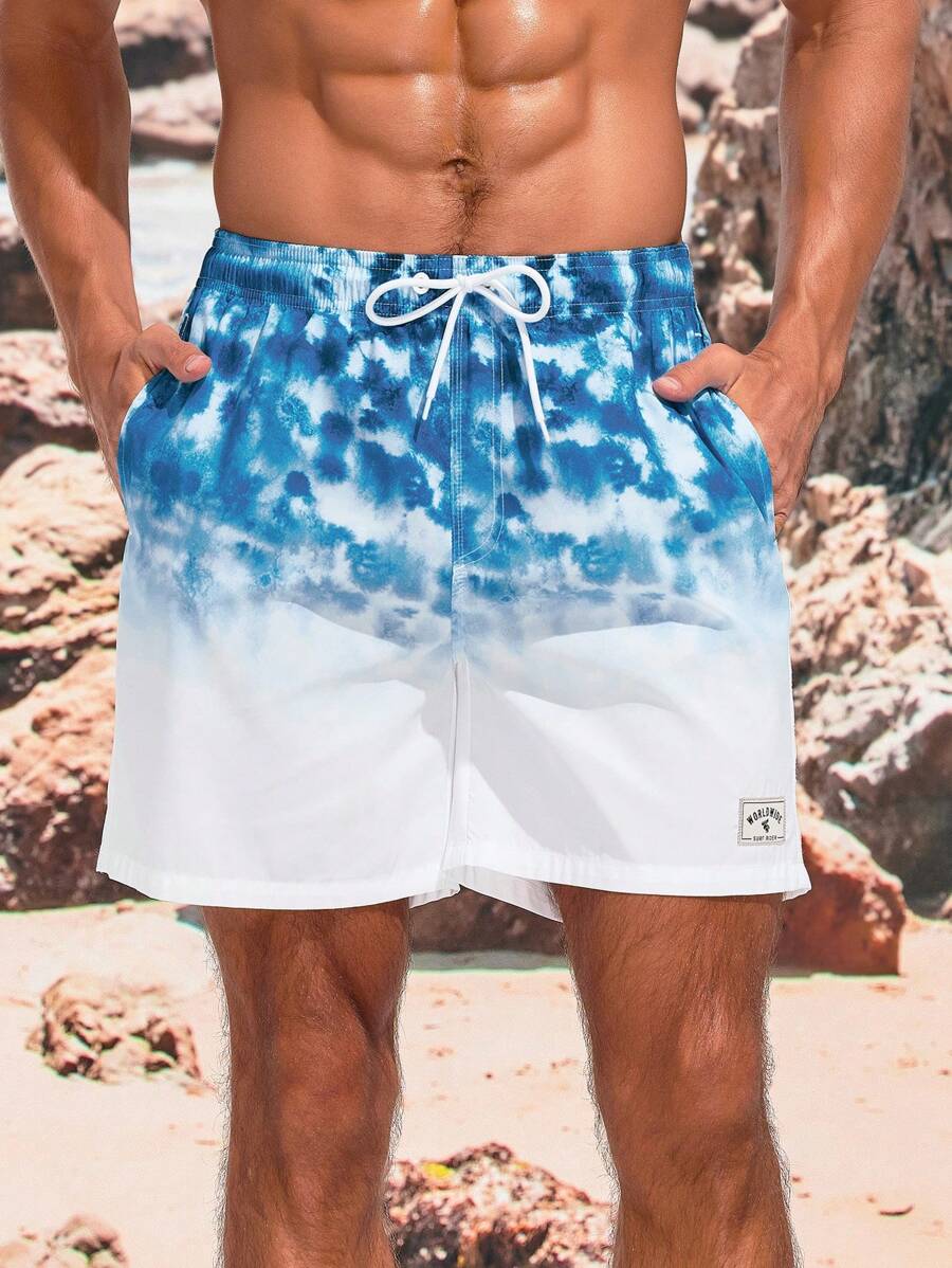 11440 1t-006 Shorts De Playa Para Hombre Con Cintura Con Cordón Y Bolsillos Diagonales En Gradientes De Colores
