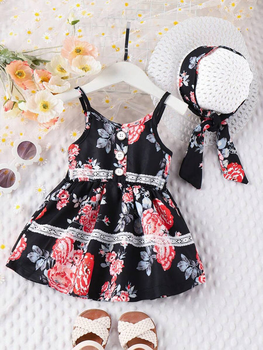 13935 2a-04-24 Bebé Niña Vestido De Tirantes Con Estampado Floral Y Gorro