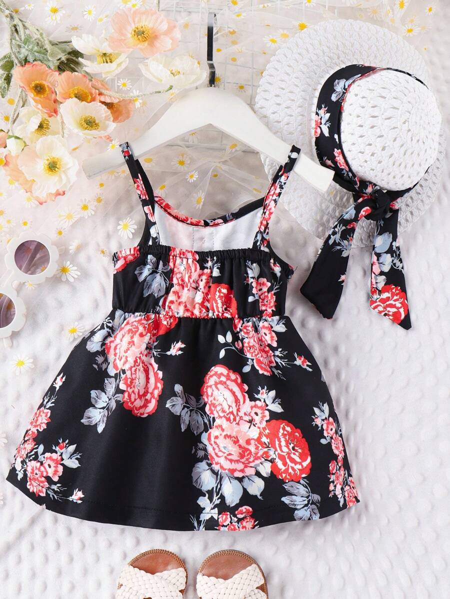 13935 2a-04-24 Bebé Niña Vestido De Tirantes Con Estampado Floral Y Gorro