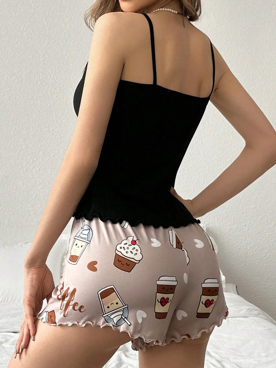 11627 1a-047 Conjunto De Pijama De Dos Piezas Con Camiseta De Tirantes Impresa Con Burbuja De Té Y Helado Y Pantalones Cortos