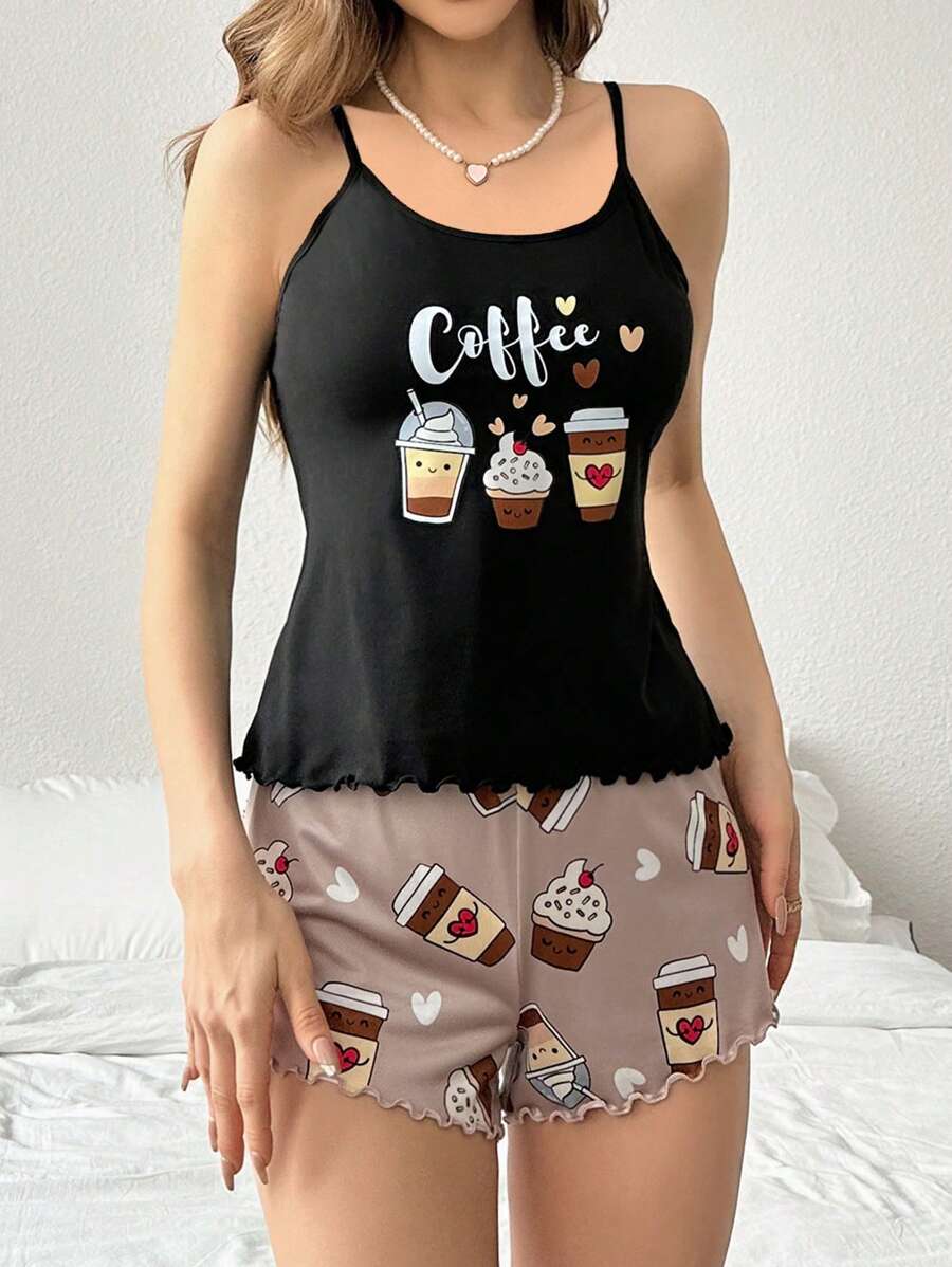 11627 1a-047 Conjunto De Pijama De Dos Piezas Con Camiseta De Tirantes Impresa Con Burbuja De Té Y Helado Y Pantalones Cortos