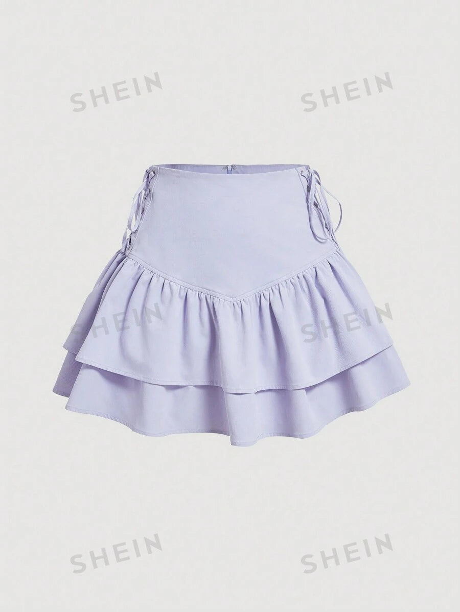 10571 1t-007 Falda Con Lazo Lateral Y Dobladillo Con Volantes En Cascada De Doble Capa Para Mujer SHEIN MOD