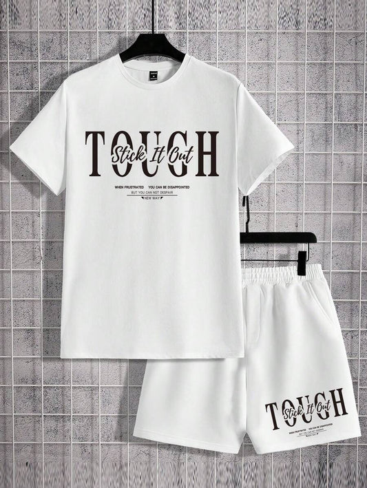 12090 1a-052 Conjunto De Camiseta De Manga Corta Y Pantalones Cortos De Punto Blanco Con Eslogan Impreso Para Hombres