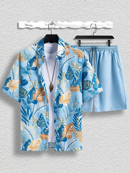 12089 1t-009 Conjunto Masculino De Dos Piezas De Camisa Estampada Tropical Y Pantalones Cortos De Color Sólido