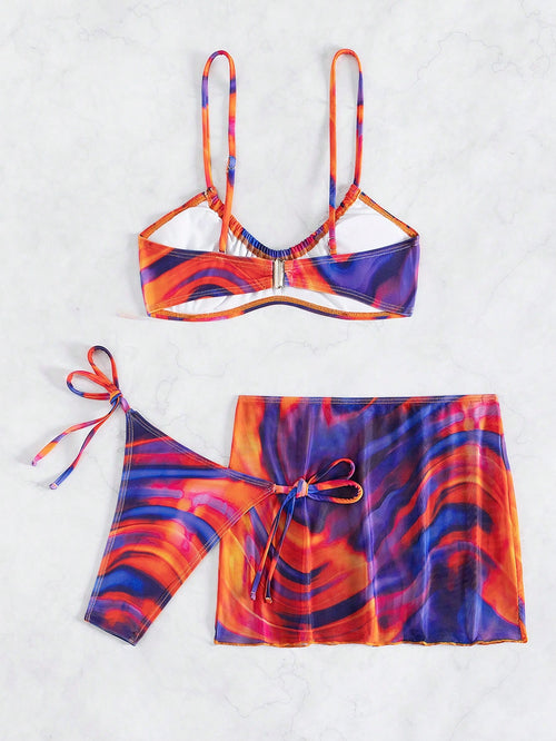 19797 1t-002 Conjunto de bikini con estampado de bloques de color y escote en V  3Pzs