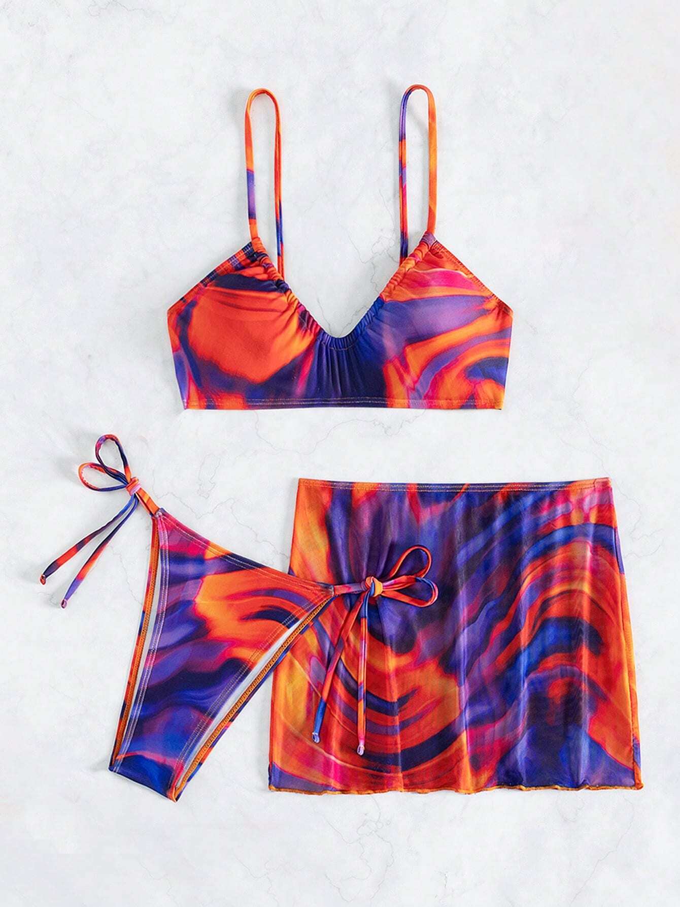 19797 1a-122 Conjunto de bikini con estampado de bloques de color y escote en V  3Pzs