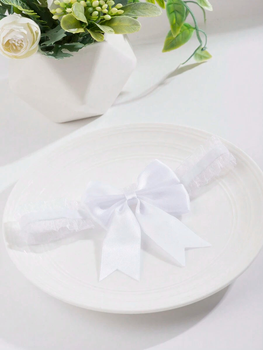 11095 1b-072 Liga De Muslo 1pza Blanca De Encaje Con Patrón Floral Y Gran Lazo Para Novia